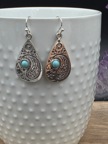 Antique Silver w/Turquoise Paisley Drop Earrings