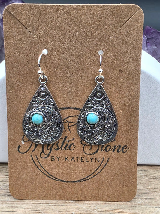 Antique Silver w/Turquoise Paisley Drop Earrings