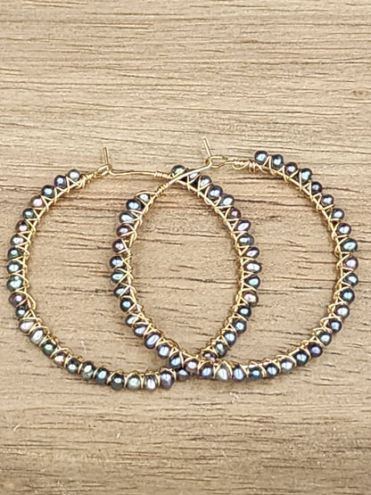 14k Gold Filled, 50 mm, Peacock Pearl Hoop Earrings