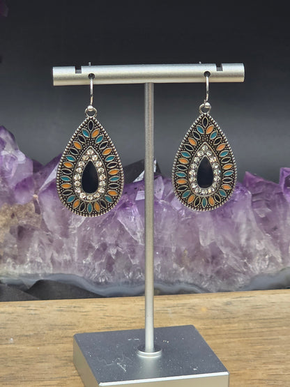 Boho Antique Silver Multi Color Enamel Teardrop Earrings