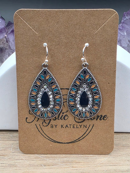 Boho Antique Silver Multi Color Enamel Teardrop Earrings