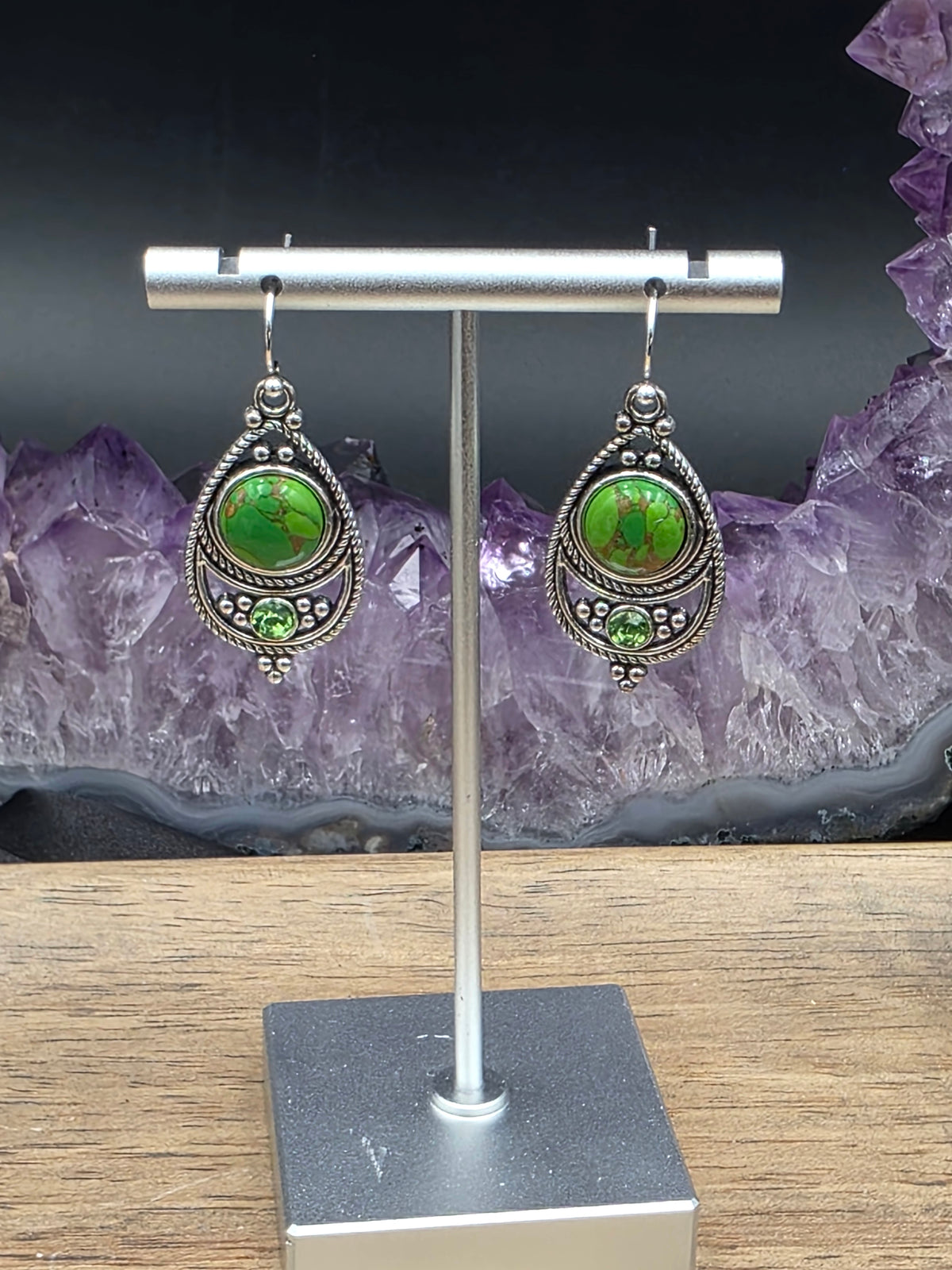 Antique Silver Bohemian Style Earrings with Dyed Blue, Purple or Green Howlite