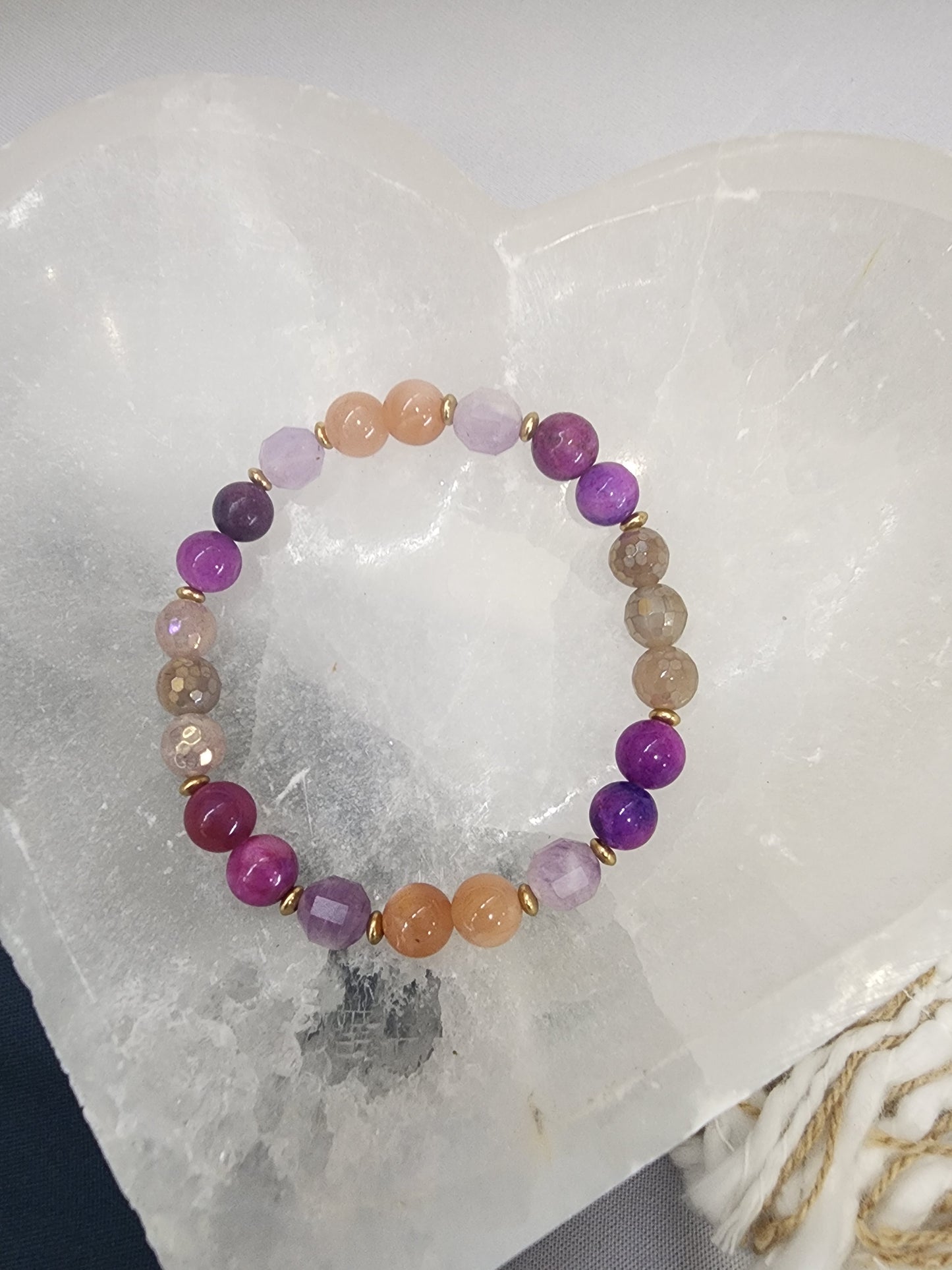 One-of-a-kind gemstone stretch bracelet, Sunstone, Lepidolite, Mystic Moonstone & sugilite