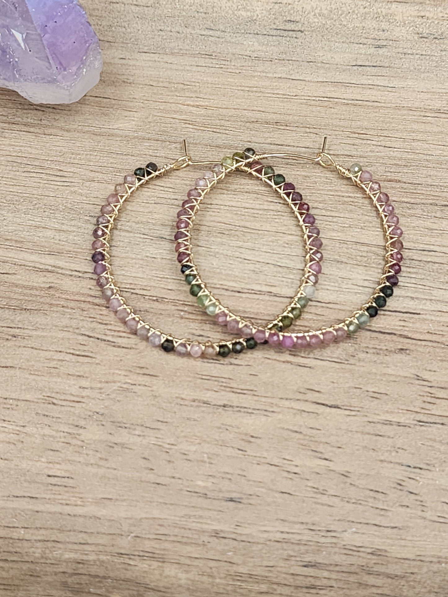 14k Gold-Filled Watermelon Tourmaline 50mm Gemstone Hoop Earrings