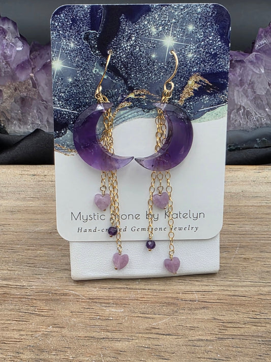 14k Gold-Filled Amethyst Moon Earrings with Lepidolite Hearts custom order for Becca