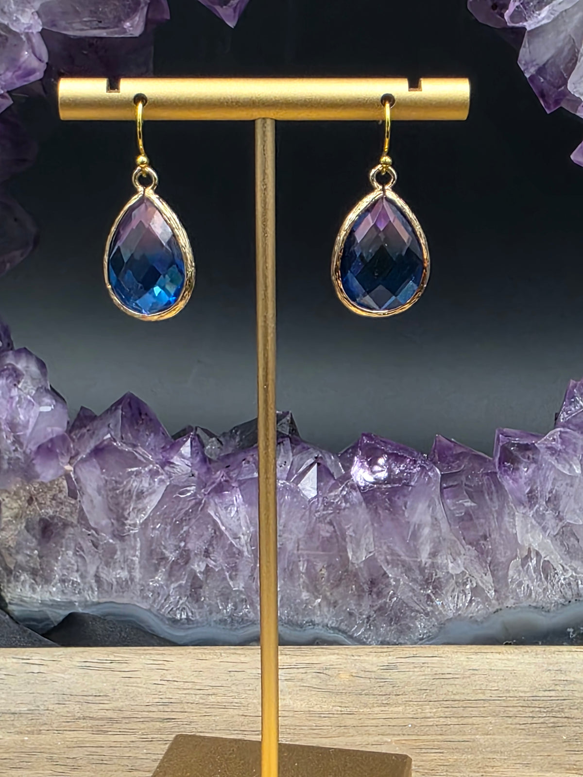 23x15mm Gold Plated Brass Faceted Glass Teardrop Earrings (Blue Amethyst)