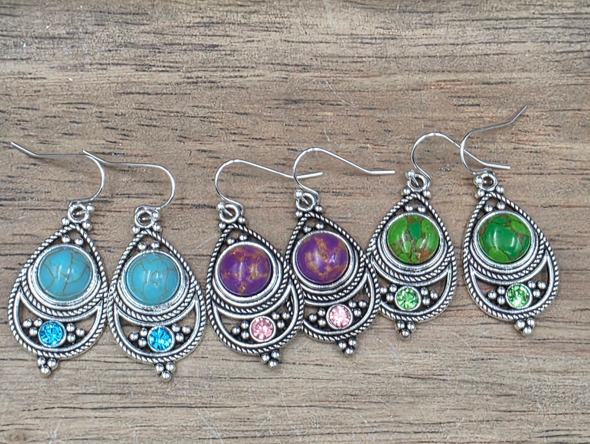 Antique Silver Bohemian Style Earrings with Dyed Blue, Purple or Green Howlite