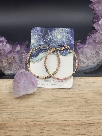 14k Gold-Filled Watermelon Tourmaline 50mm Gemstone Hoop Earrings