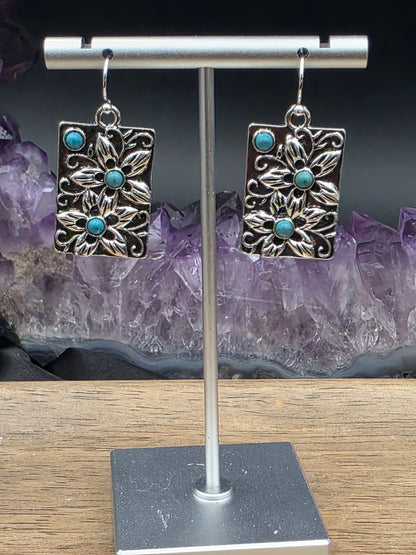 Antique Silver Rectangle Plumeria Floral Earrings, hypoallergenic