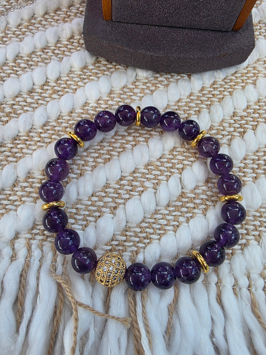Amethyst Gemstone Bracelet with Gold Plated Pave CZ Accents