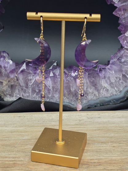 14k Gold-Filled Amethyst Moon Earrings with Lepidolite Hearts custom order for Becca