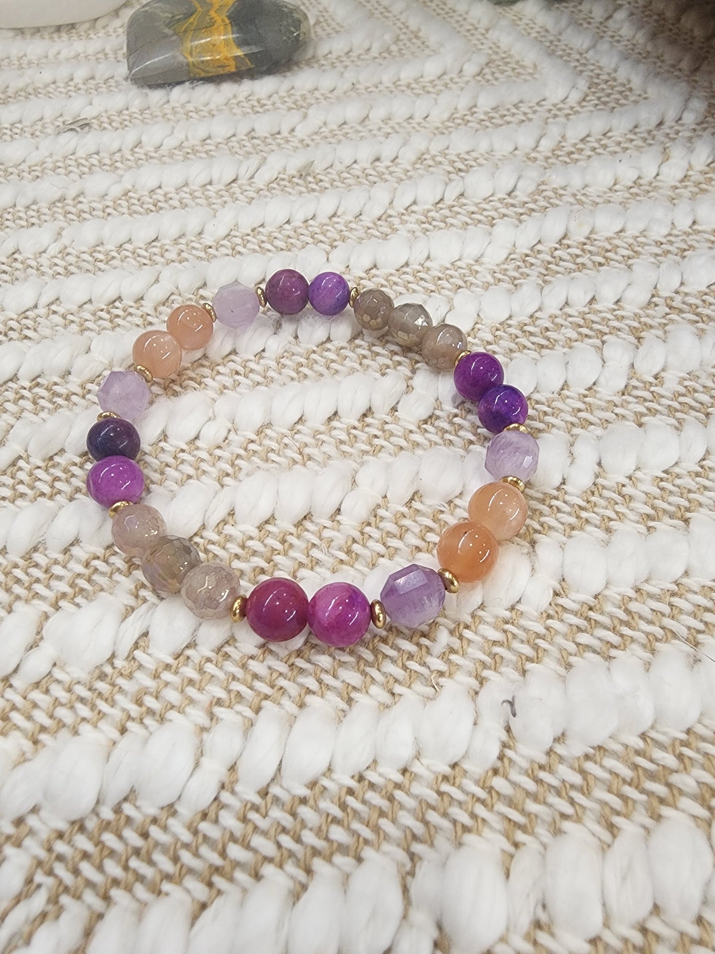 One-of-a-kind gemstone stretch bracelet, Sunstone, Lepidolite, Mystic Moonstone & sugilite