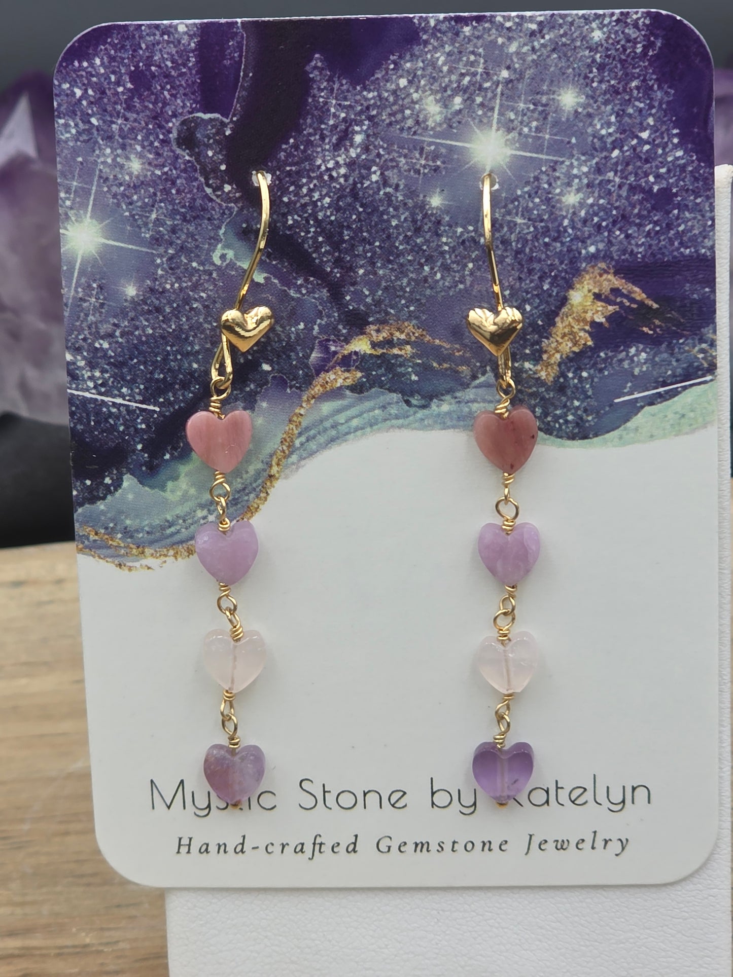 Amethyst,  Rhodonite,  Lepidolite & Rose Quartz Gemstonr Heart dangle earrings