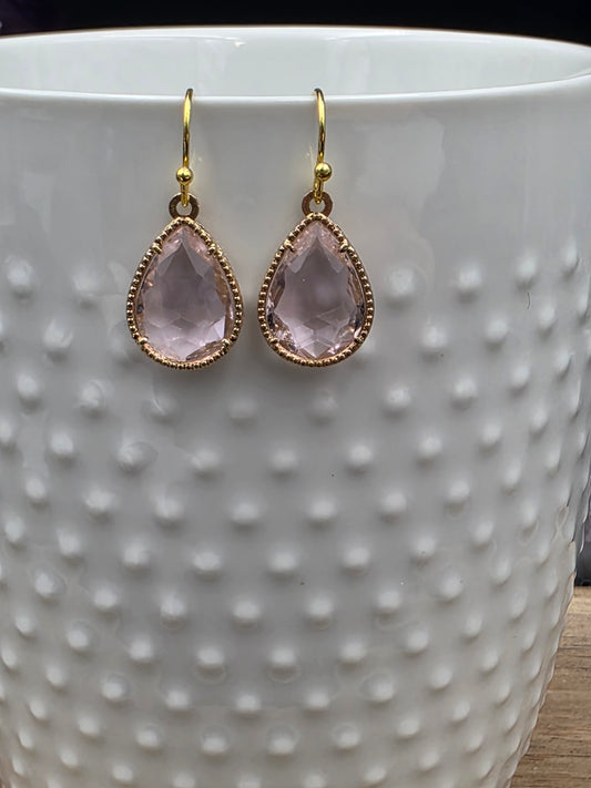 18x12mm Gold Plated Faceted Blush Pink Glass Teardrop Earrings