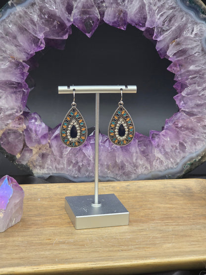 Boho Antique Silver Multi Color Enamel Teardrop Earrings