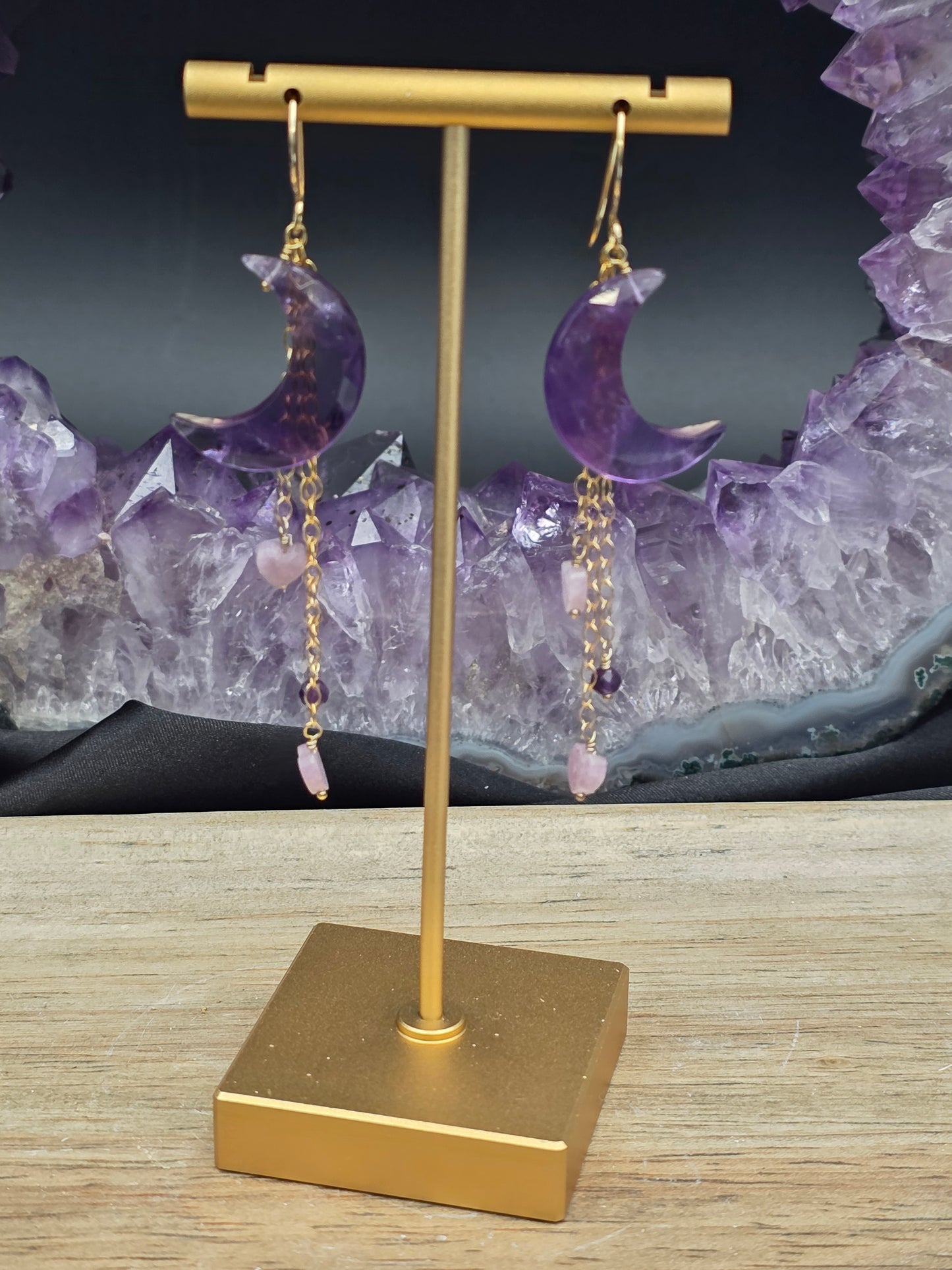 14k Gold-Filled Amethyst Moon Earrings with Lepidolite Hearts custom order for Becca