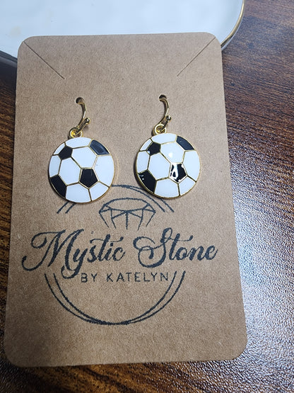 Gold Plated Enamel Soccer Ball Charm Style Earrings. HYPOALLERGENIC & NICKEL FREE