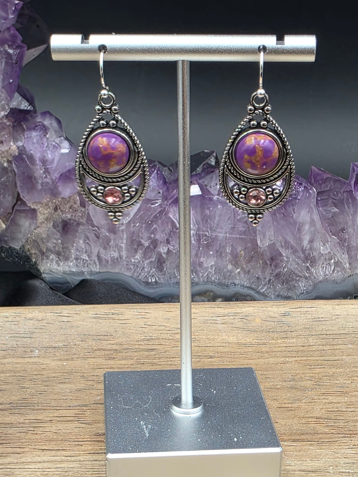 Antique Silver Bohemian Style Earrings with Dyed Blue, Purple or Green Howlite