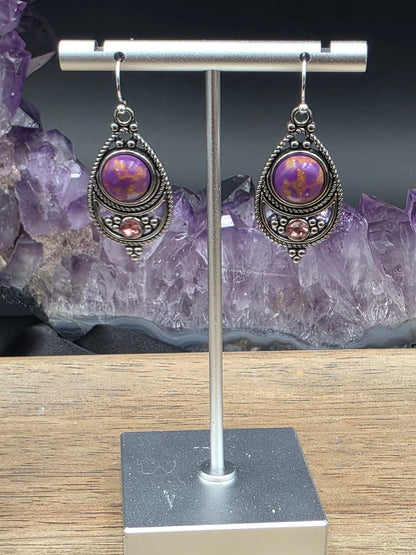 Antique Silver Bohemian Style Earrings with Dyed Blue, Purple or Green Howlite