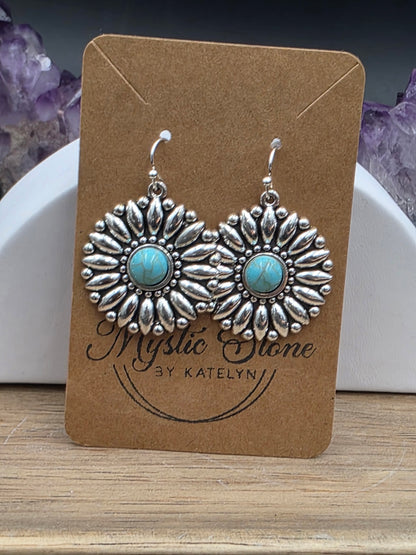 Antique Silver with Turquoise Howlite Sunflower Earrings