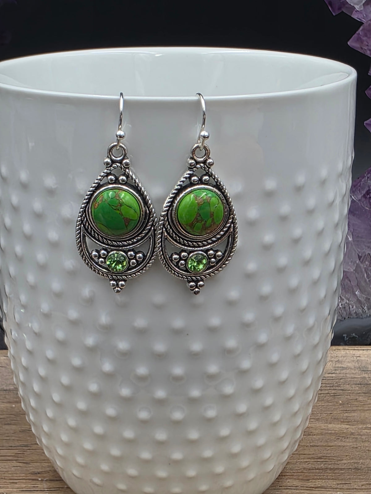 Antique Silver Bohemian Style Earrings with Dyed Blue, Purple or Green Howlite
