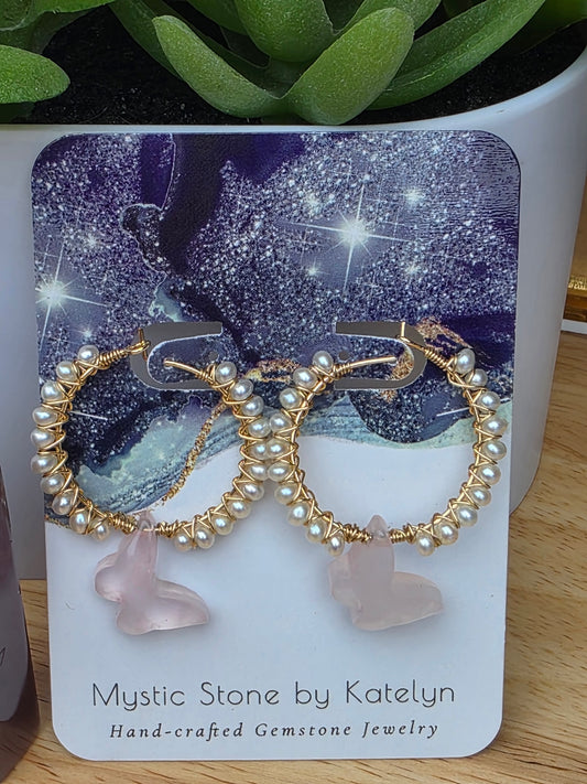 14k Gold-Filled Rose Quartz Butterfly & Freshwater pearl hoops earrings