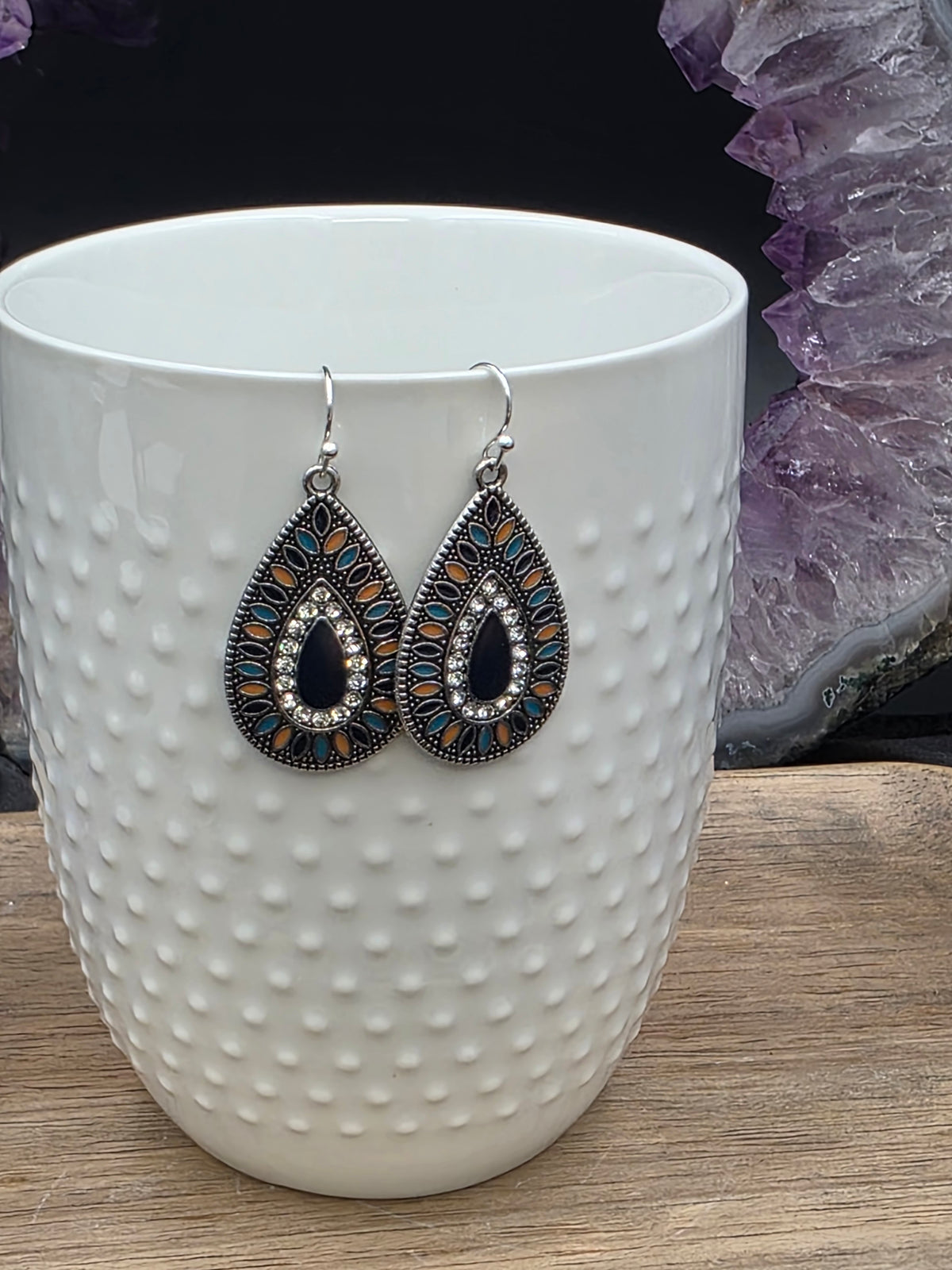 Boho Antique Silver Multi Color Enamel Teardrop Earrings