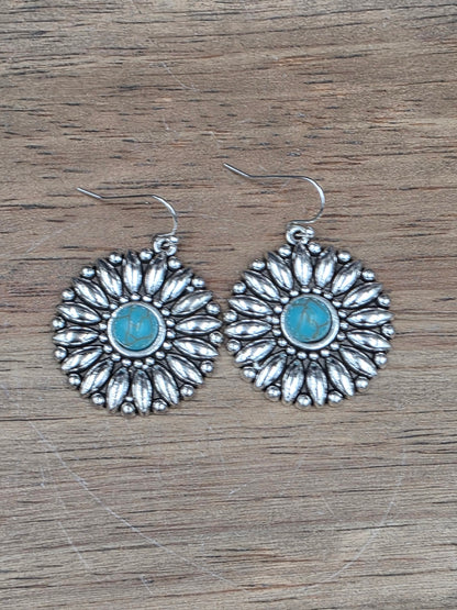 Antique Silver with Turquoise Howlite Sunflower Earrings