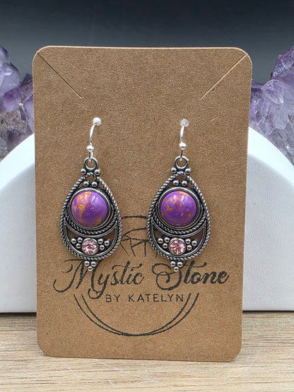 Antique Silver Bohemian Style Earrings with Dyed Blue, Purple or Green Howlite