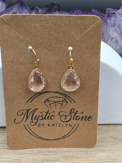 18x12mm Gold Plated Faceted Blush Pink Glass Teardrop Earrings