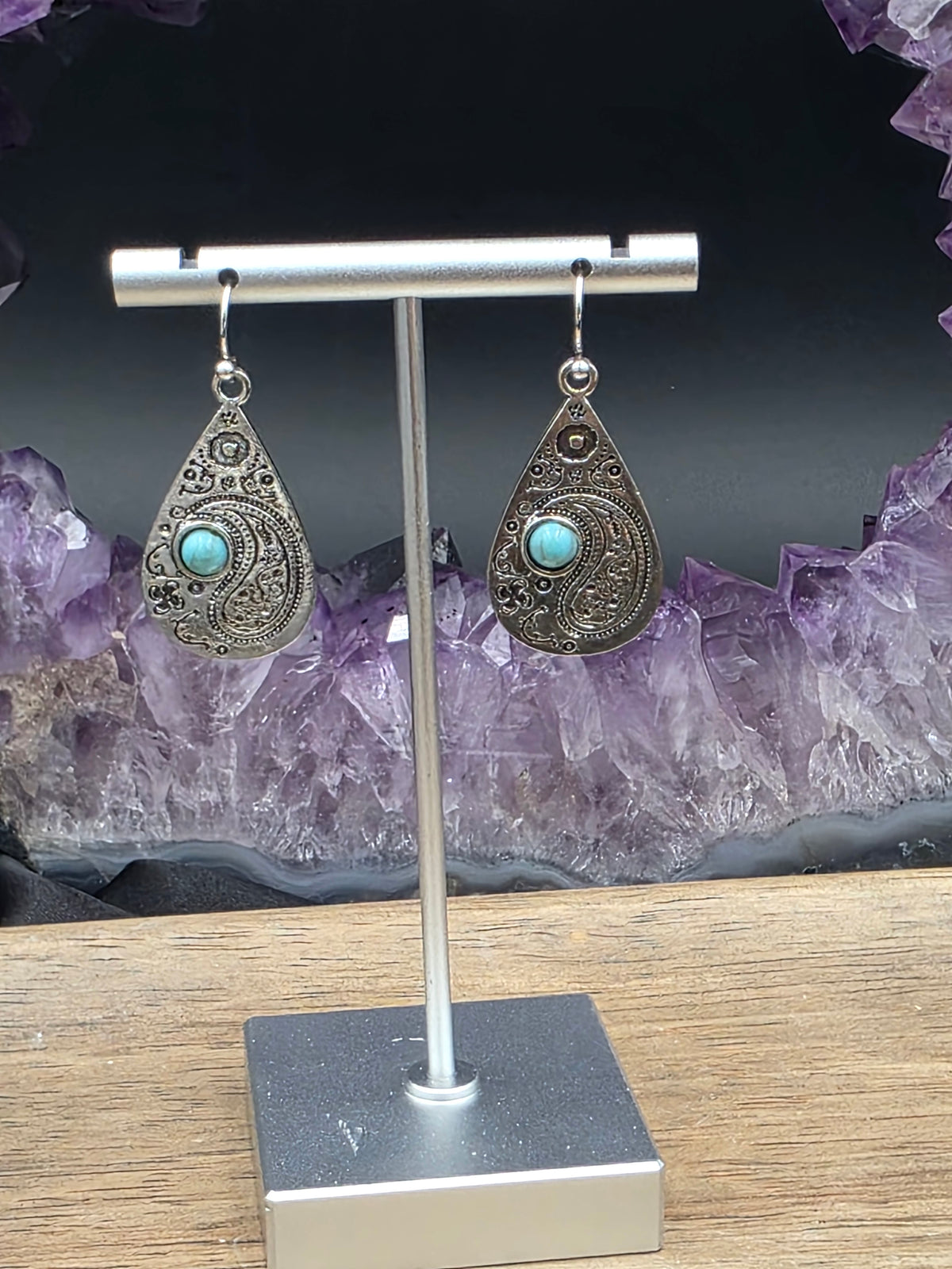 Antique Silver w/Turquoise Paisley Drop Earrings