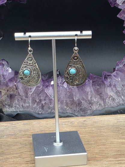 Antique Silver w/Turquoise Paisley Drop Earrings
