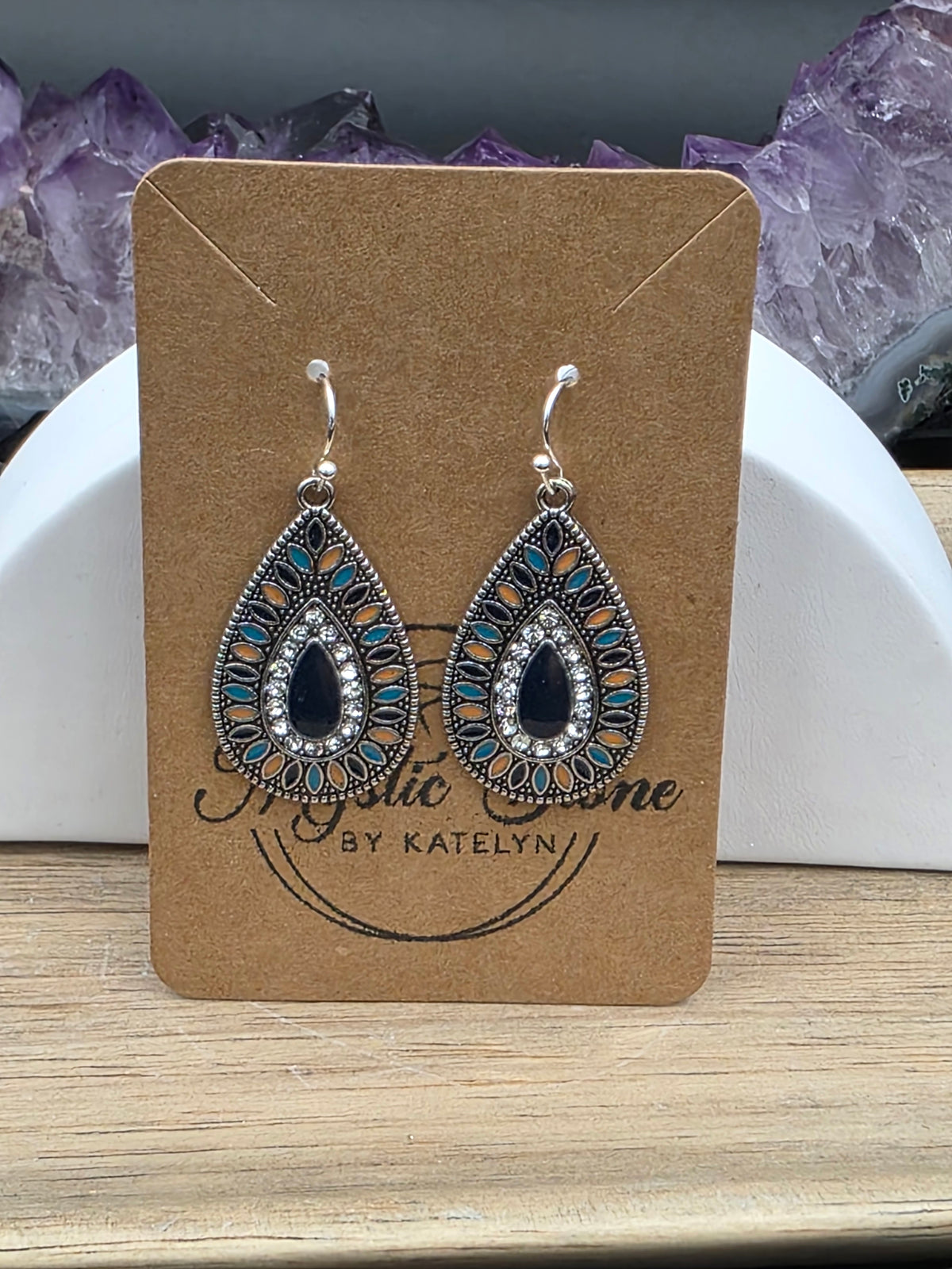 Boho Antique Silver Multi Color Enamel Teardrop Earrings