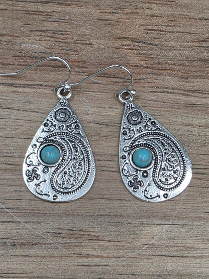 Antique Silver w/Turquoise Paisley Drop Earrings