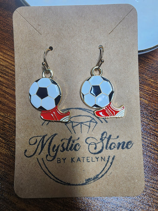 Gold Plated Enamel Soccer Ball & Cleat Charm Style Earrings