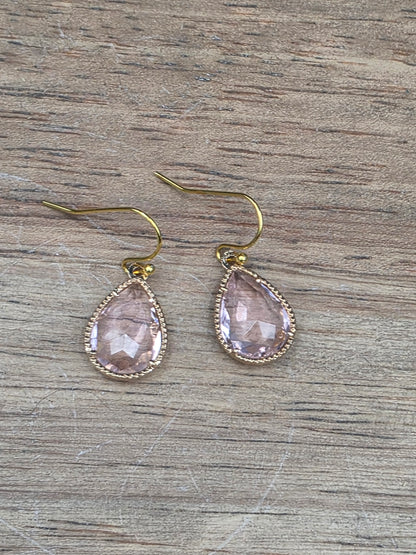 18x12mm Gold Plated Faceted Blush Pink Glass Teardrop Earrings