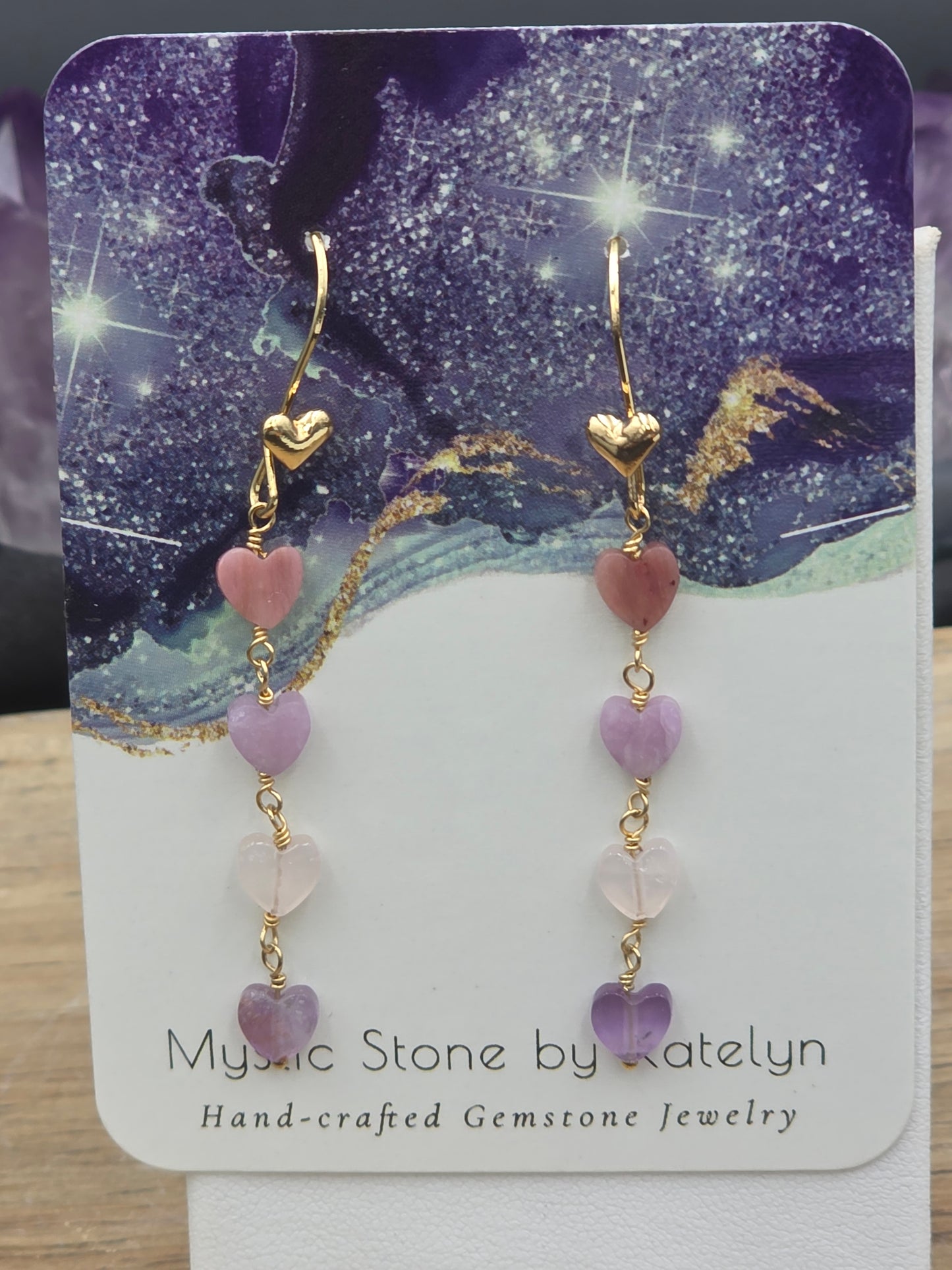 Amethyst,  Rhodonite,  Lepidolite & Rose Quartz Gemstonr Heart dangle earrings