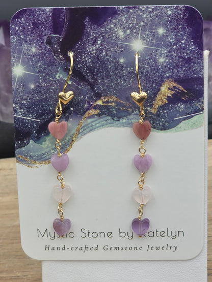 Amethyst,  Rhodonite,  Lepidolite & Rose Quartz Gemstonr Heart dangle earrings