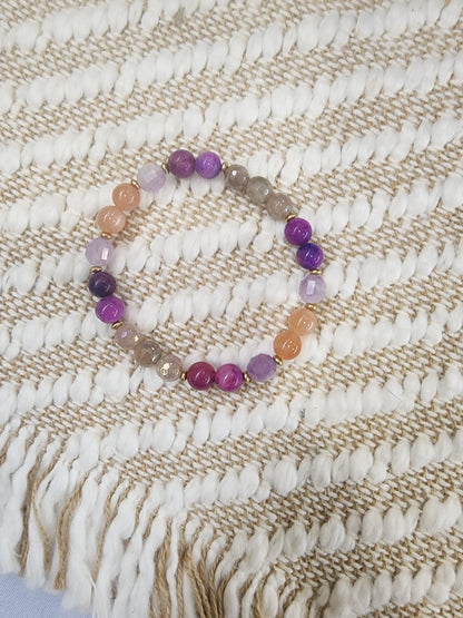 One-of-a-kind gemstone stretch bracelet, Sunstone, Lepidolite, Mystic Moonstone & sugilite