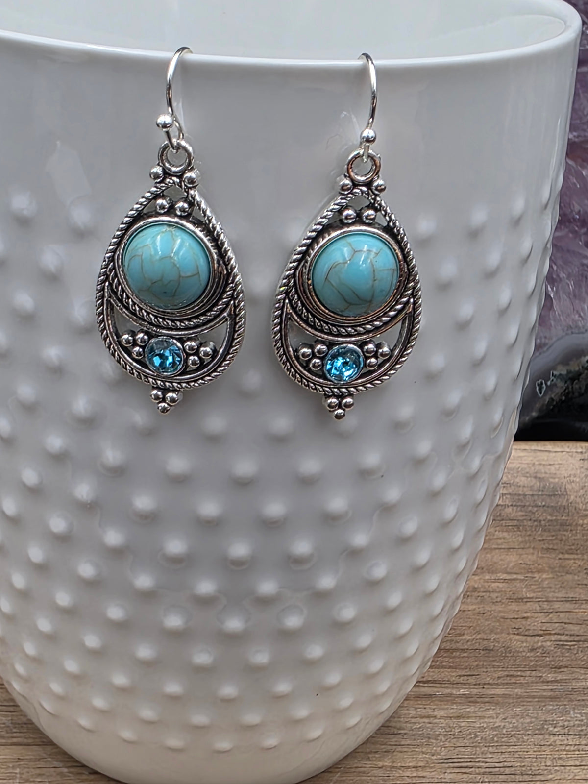 Antique Silver Bohemian Style Earrings with Dyed Blue, Purple or Green Howlite