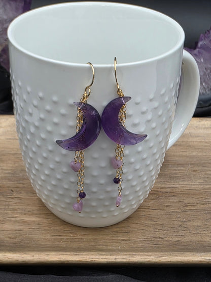 14k Gold-Filled Amethyst Moon Earrings with Lepidolite Hearts custom order for Becca