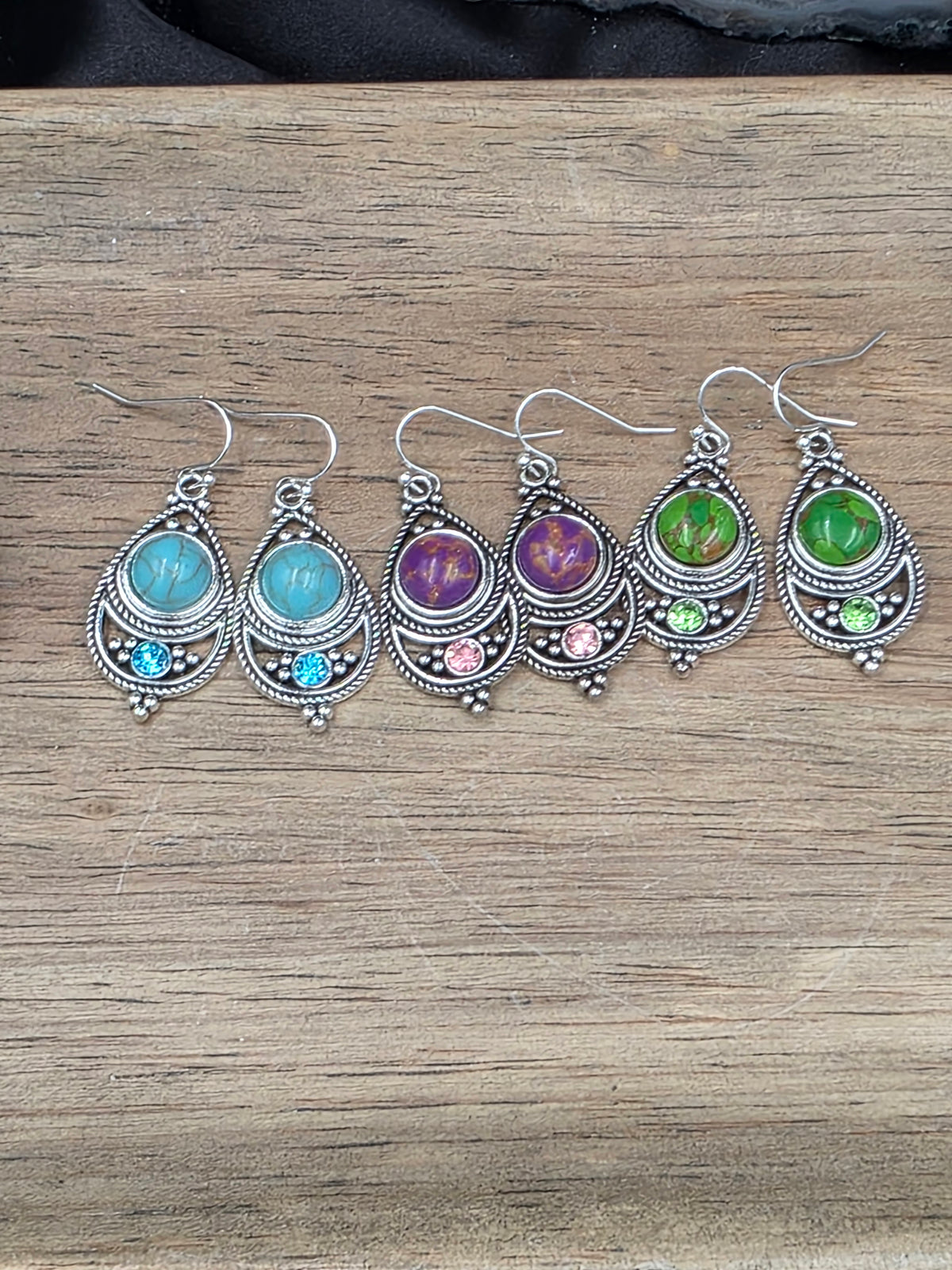 Antique Silver Bohemian Style Earrings with Dyed Blue, Purple or Green Howlite