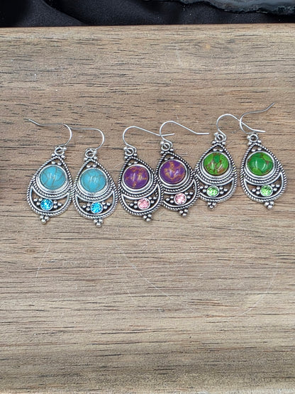 Antique Silver Bohemian Style Earrings with Dyed Blue, Purple or Green Howlite