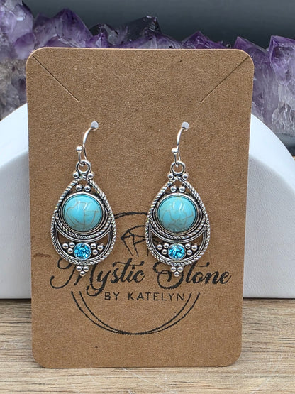 Antique Silver Bohemian Style Earrings with Dyed Blue, Purple or Green Howlite