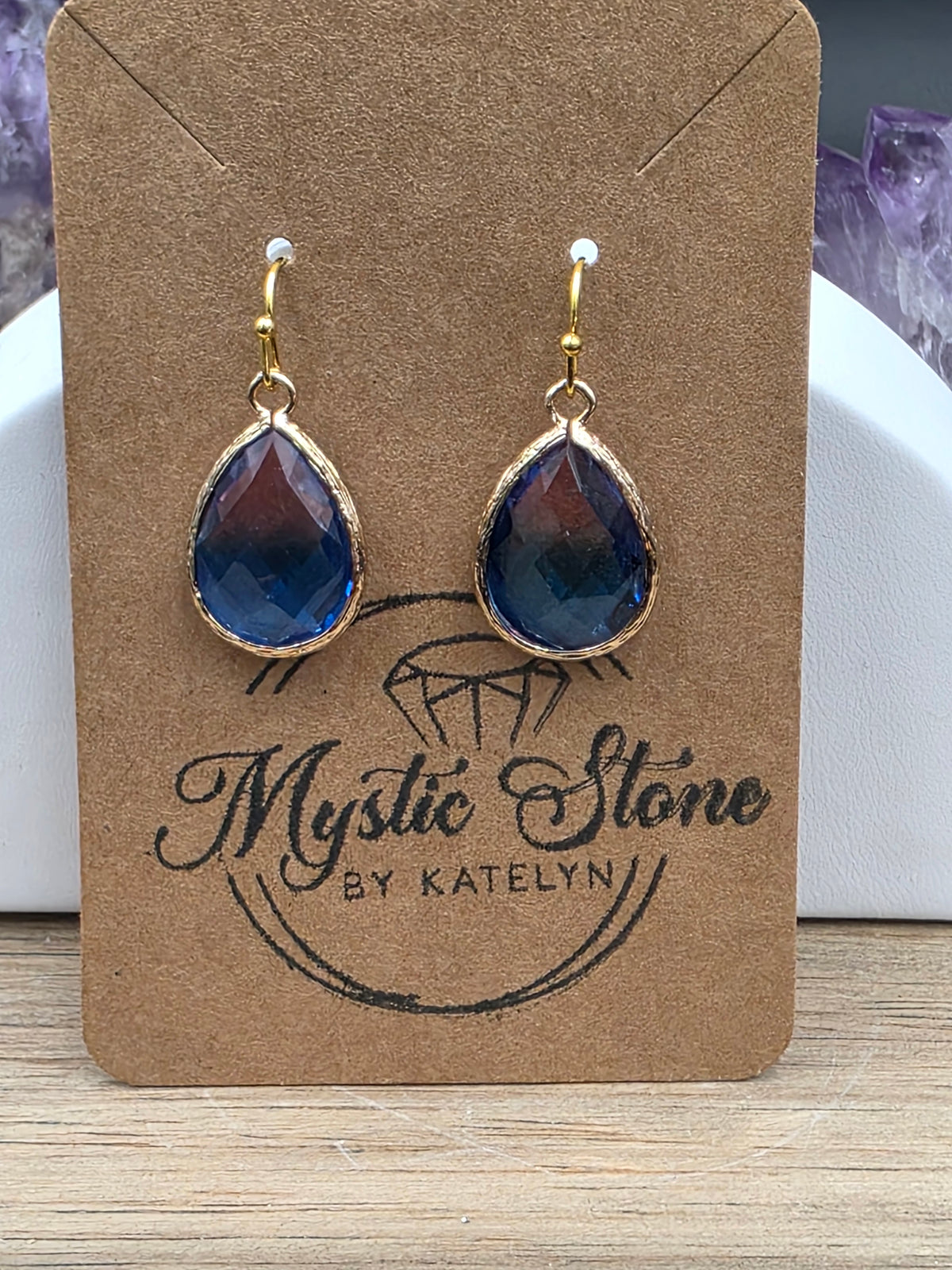 23x15mm Gold Plated Brass Faceted Glass Teardrop Earrings (Blue Amethyst)