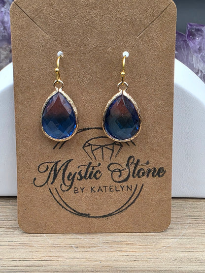 23x15mm Gold Plated Brass Faceted Glass Teardrop Earrings (Blue Amethyst)