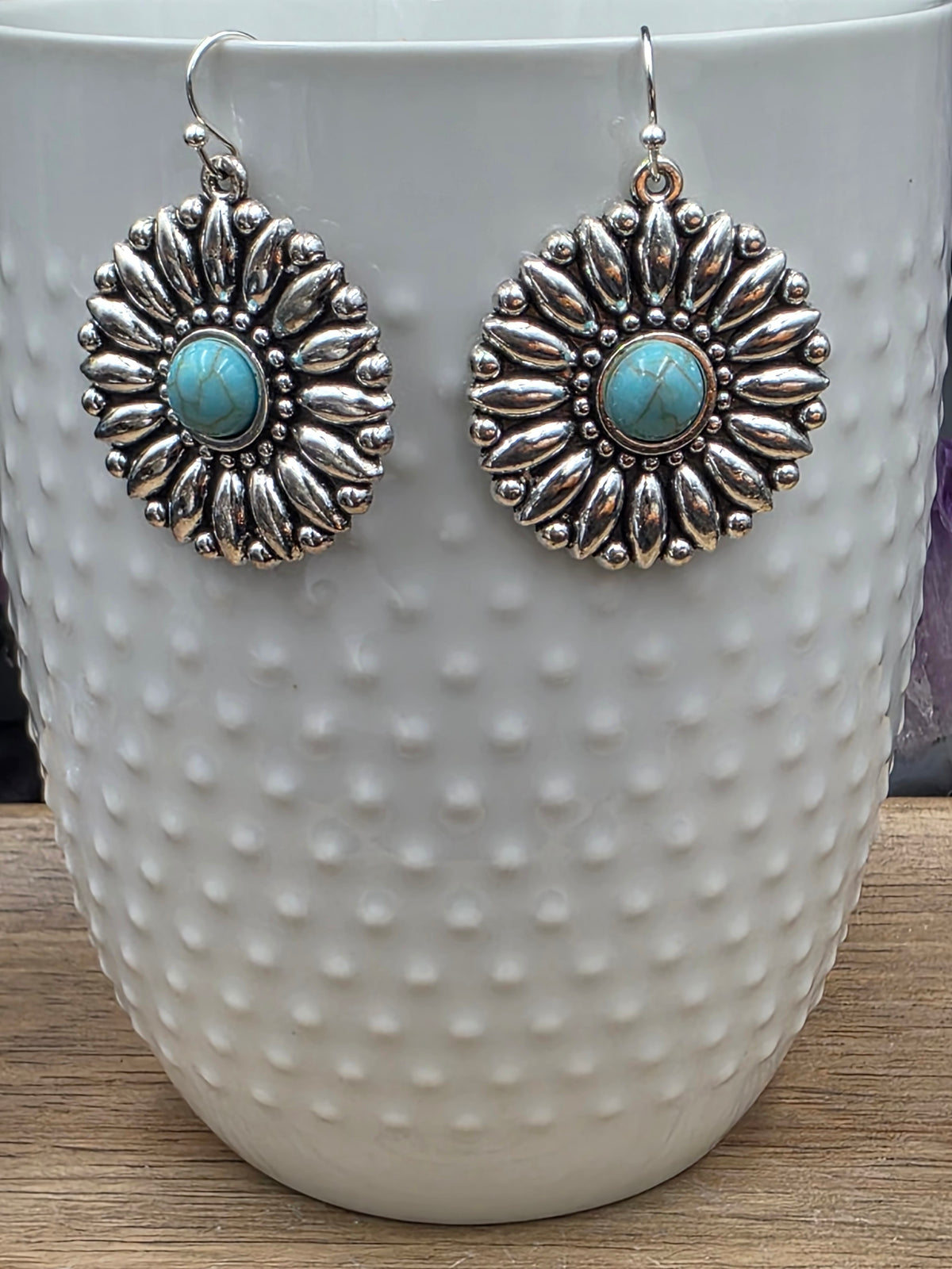 Antique Silver with Turquoise Howlite Sunflower Earrings
