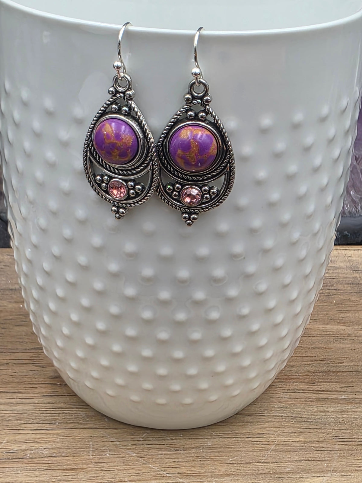 Antique Silver Bohemian Style Earrings with Dyed Blue, Purple or Green Howlite