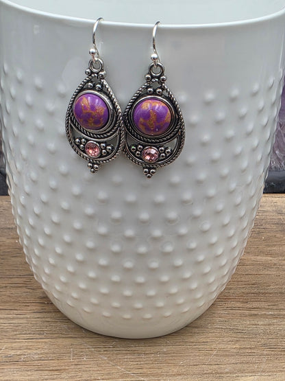 Antique Silver Bohemian Style Earrings with Dyed Blue, Purple or Green Howlite