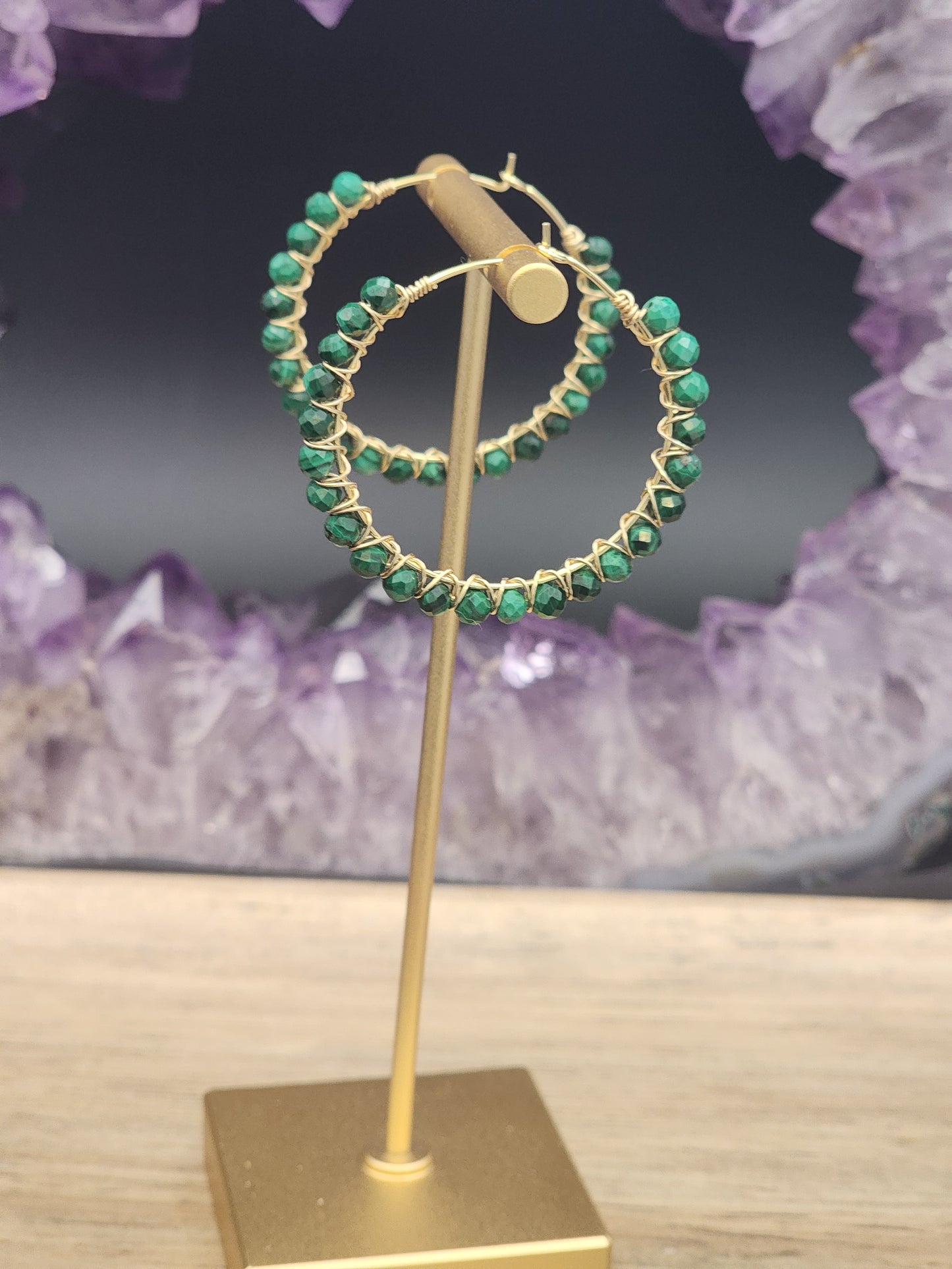 14k Gold-Filled Malachite Gemstone Hoop Earrings